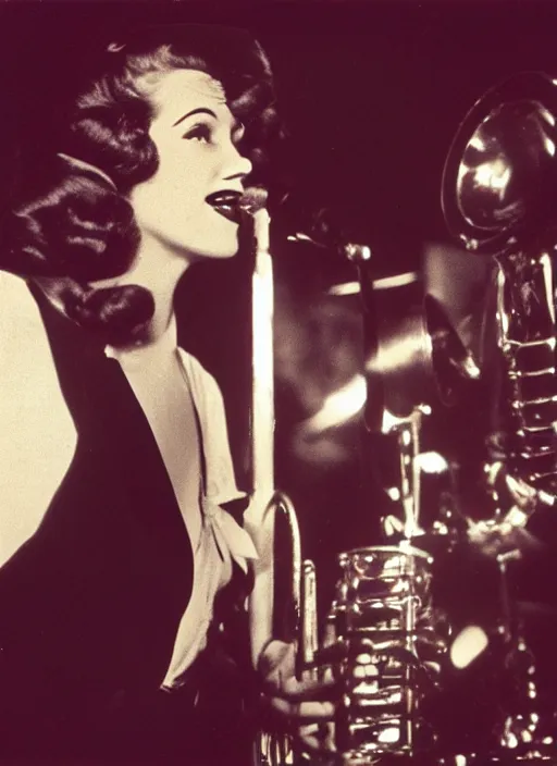 Prompt: a 1 9 4 0 s photograph of a singer in a jazz club, kodak kodachrome film photography, flash photography