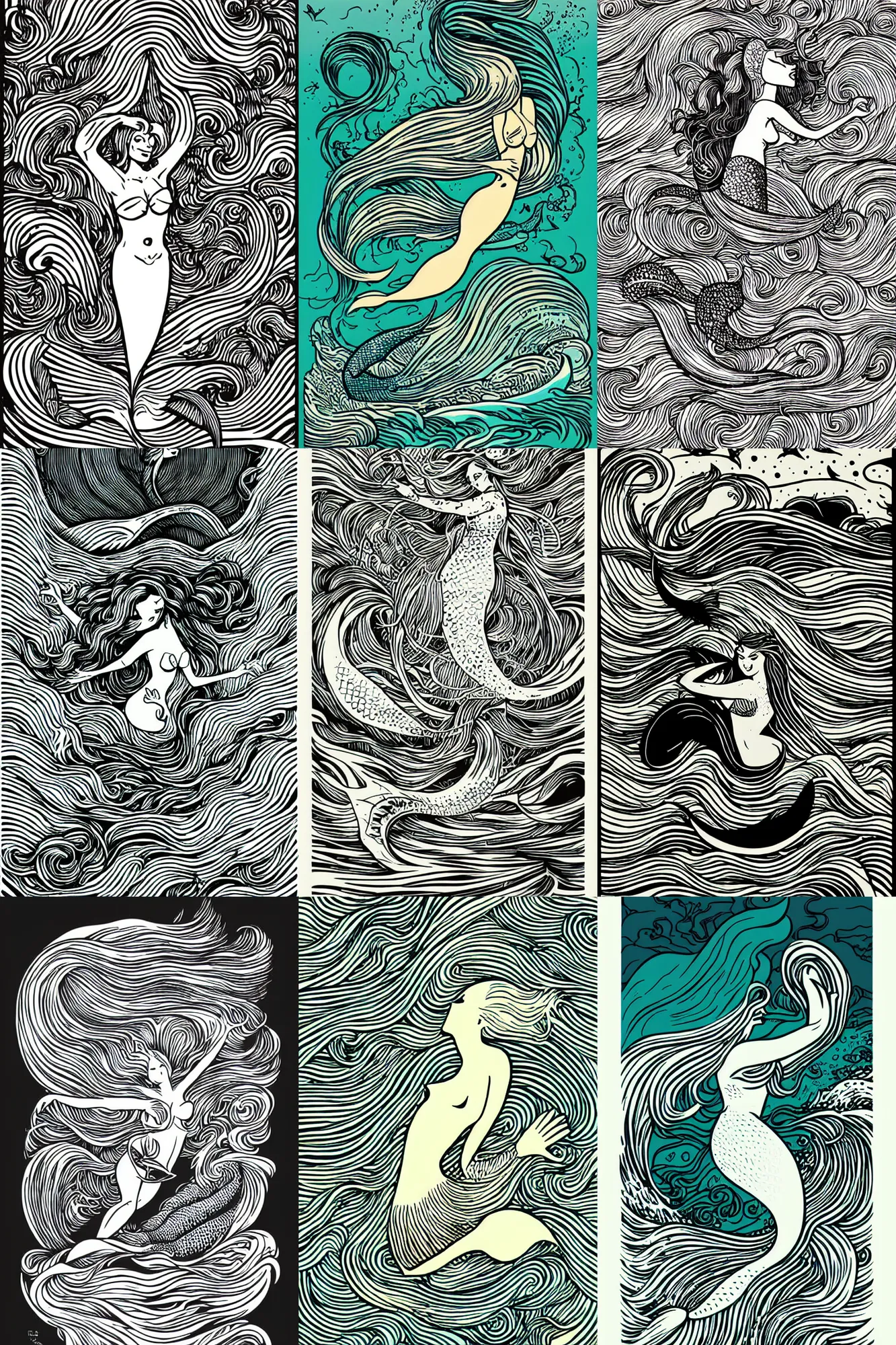 Prompt: mermaid, waves by MCBESS, colour print
