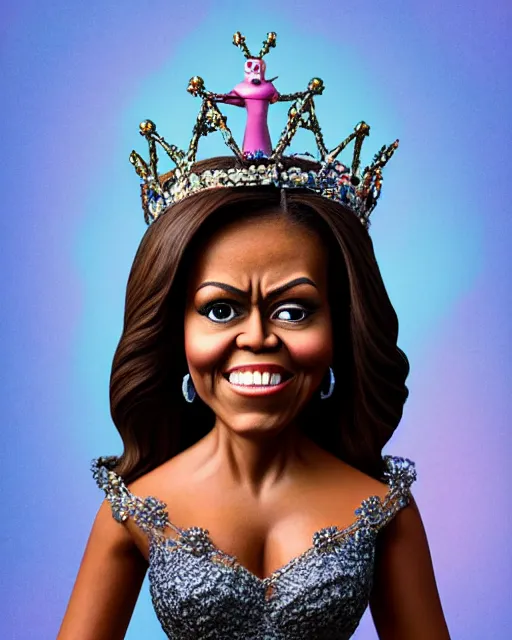 Image similar to closeup profile portrait of a tin toy michelle obama as a fairytale princess wearing a crown and sitting on a throne, bikini, hyper realistic, artstation, illustration, concept art by nicoletta ceccoli, mark ryden, lostfish, max fleischer, digital paint, matte paint, vivid colors, bright, cheerful, detailed and intricate environment