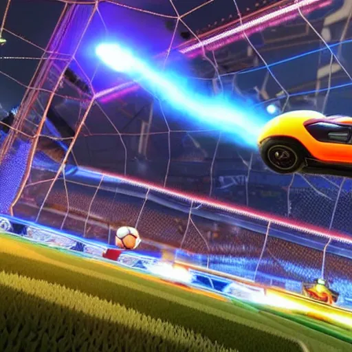 Image similar to rocket league, car soccer, boom, goal, demo, explosion, action shot, lens flares, rim light, raytracing, glow, haze, hyper - realistic, micro details, octane render, unreal engine, cinematic shot