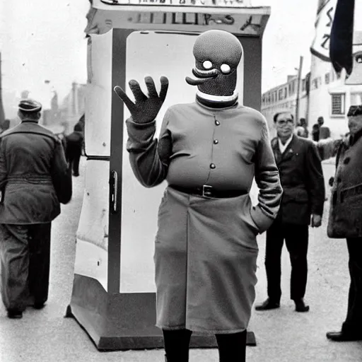 Image similar to dr. zoidberg at checkpoint charlie, realistic, old photograph