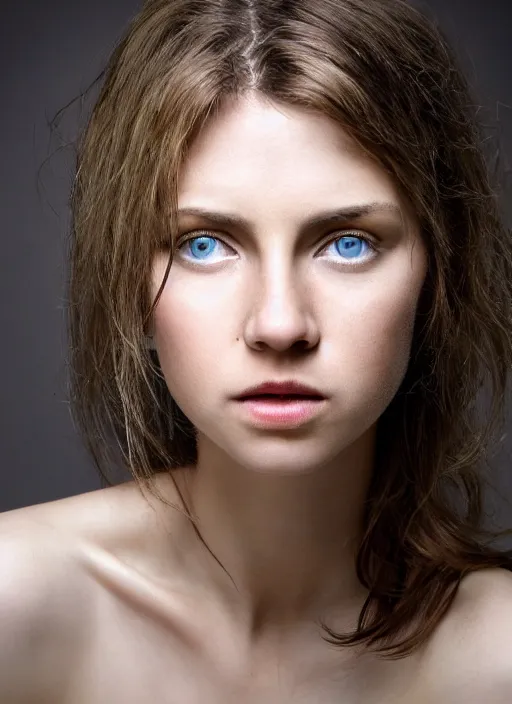 Image similar to photographic Close-up face of a extremely beautiful girl with clear eyes and light brown hair , high light on the left, non-illuminated backdrop, illuminated by a dramatic light, Low key lighting, light dark, High constrast, dramatic , Steve Mccurry, Lindsay Adler, Norman Rockwell, Craig Mulins ,dark background, high quality, photo-realistic, 8K,