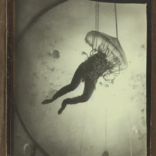 Image similar to tintype photo, boy circus tent, underwater, jellyfish