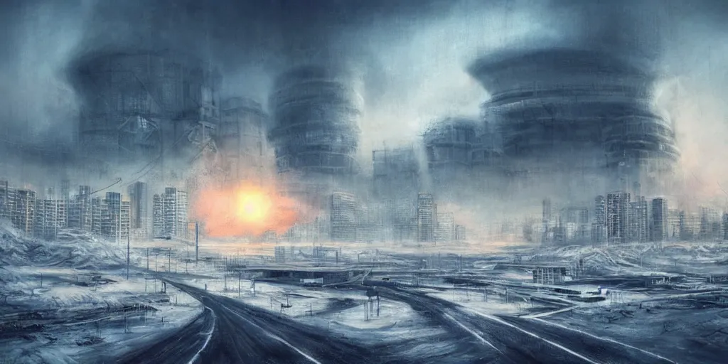 Image similar to nuclear winter, tokyo city, near future, fantasy, sci - fi, hyper realistic, serene, morning.