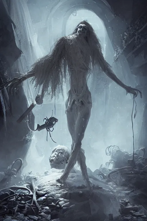 Image similar to a necromancer with a staff casts a spell that reveals the secret of life the universe and everything, dirty linen robes, staff of bones, grizzled bearded withered man by jessica rossier and hr giger