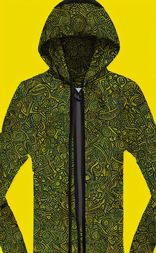 Image similar to hoodie, batik pattern, yellow, green, trendsetter, fashion of the year fiction, stability, intricate, elegant, 8 k, uhd, justify, artstation, concept art, matte, sharp focus, illustration, consistent, highly detailed object content, proportional object content