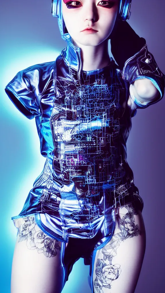 Prompt: full body shot of young woman punk dressed in cyberpunk clothing, soft blue light, by rineke dijkstra and artgerm, intricate details, highly detailed, sharp focus, masterpiece, 8 5 mm