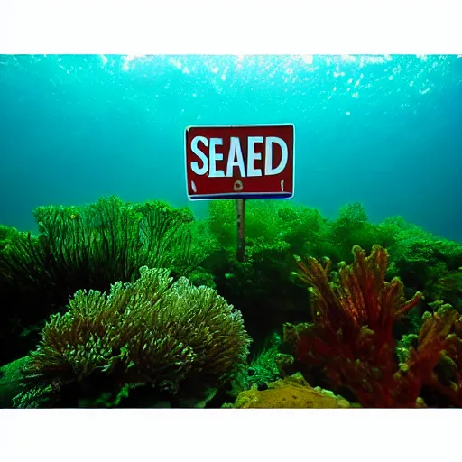 Prompt: underwater photo of Scottish seas with a for sale sign