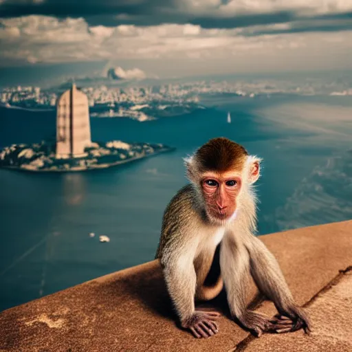 Image similar to high quality portrait of a monkey in front of Christ The Redeemer, studio photograph, photograph, realistic photo, 8k photo, 4k photo, stock photo, high resolution, cinematic shot, high detail