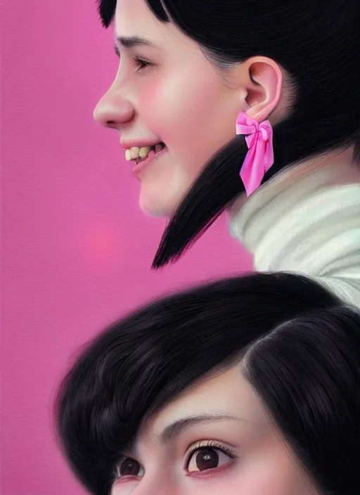 Image similar to portrait of high school girl, realistic, black hair, bangs, half updo hairstyle, pointy nose, skinny, smile, ugly, defined jawline, big chin, pink hair bow, earrings, intricate, elegant, glowing lights, highly detailed, digital painting, artstation, sharp focus, illustration, art by wlop, mars ravelo and greg rutkowski