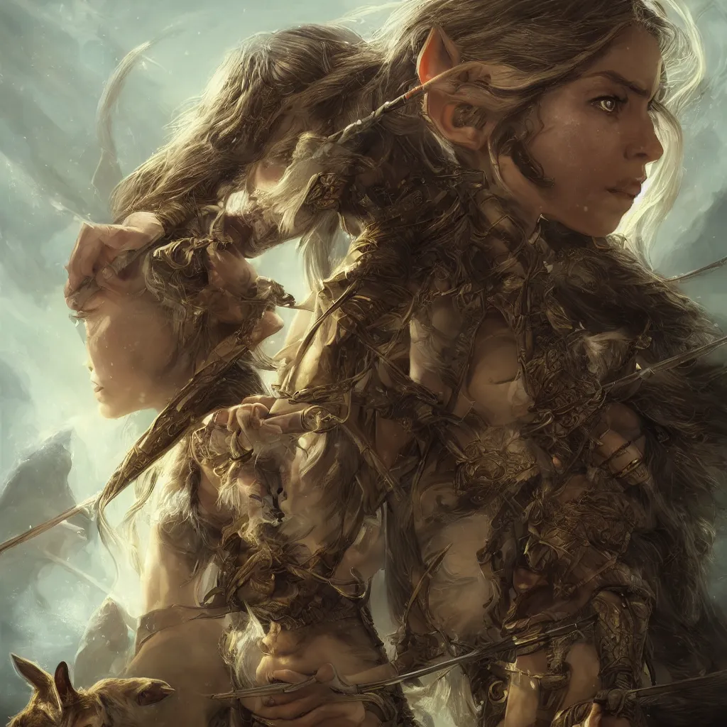 Image similar to Photorealistic cinematic close-up portrait of only one powerful angry female D&D elf ranger, holding a longbow, with a pet wolf, by Larry Elmore and Steven Belledin . Magical occult photorealism, UHD, amazing depth, glowing, golden ratio, 3D octane cycle unreal engine 5, volumetric lighting, cinematic lighting, cgstation artstation concept art
