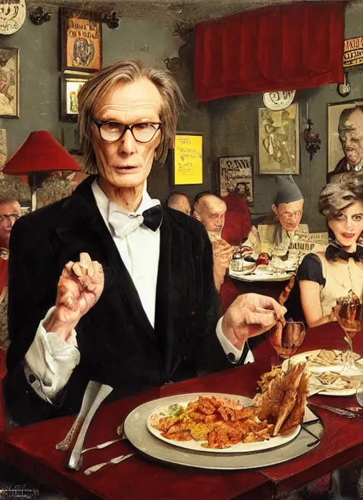 Image similar to full body and head portrait of bill nighy as victor from underworld in a restaurant eating a chop, painted by norman rockwell and tom lovell and frank schoonover