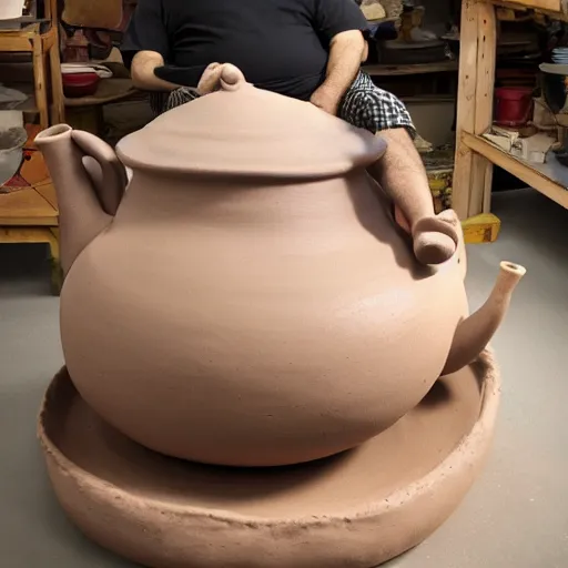 Image similar to johnny vegas sitting making a very large clay teapot, art school, studio, wet clay, ceramics, pottery wheel, Michael Joseph Pennington, photorealistic