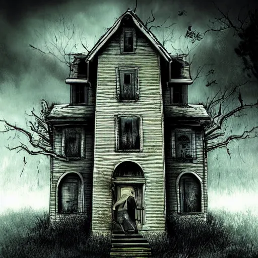 Image similar to a man walks through a haunted house, dark, creepy, detailed, digital art