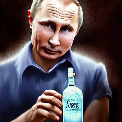 Prompt: putin holding a bottle of arak ayalim, cinematic, beautiful digital painting, hyper detailed