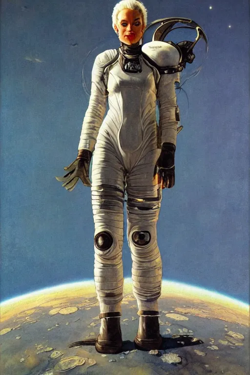 Prompt: pulp scifi fantasy illustration full body portrait android woman, white hair, in leather spacesuit on mars, by norman rockwell, roberto ferri, daniel gerhartz, edd cartier, jack kirby, howard v brown, ruan jia, tom lovell, frank r paul, jacob collins, dean cornwell, astounding stories, amazing, fantasy, other worlds