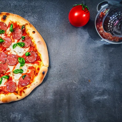 Prompt: Proper Italian pizza with salami and tomatoes, neon light, professional food photography, fish eye lense, top down