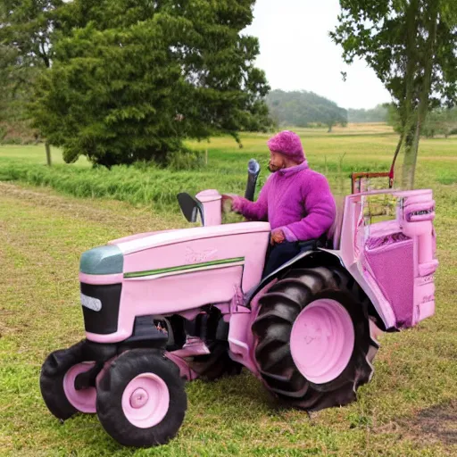 Prompt: a a farmer in a purple faux fur coat in very soft persian pink plush john deere with pluche