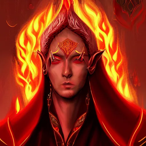 Prompt: Portrait of scarred elven fire mage in red and gold robe with flaming hands. In style of Hyung-tae Kim, concept art, trending on ArtStation, Korean MMORPG.
