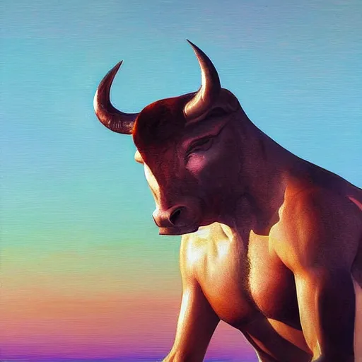 Prompt: human wearing a bull mask, digital art, sunset, sharp focus, classical painting, beach, vivid color