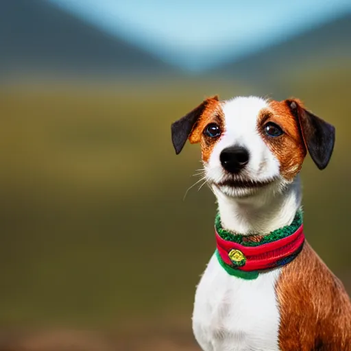 Prompt: portrait of a jack russell terrier dog wearing a rasta collar, with nature in the background, professional portrait, 4 k