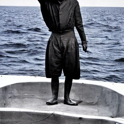 Prompt: victorian man standing on the boat in the middle of the sea in the style of richard serra