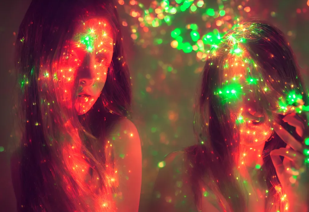 Prompt: photograph of beautiful woman ,night , illuminated by green and red colored LED lights, 85 mm f1.4