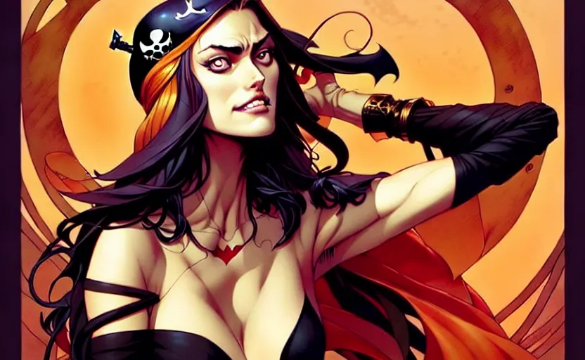 Image similar to artgerm, joshua middleton comic cover art, pretty pirate phoebe tonkin smiling, full body, symmetrical eyes, symmetrical face, long curly black hair, on a pirate ship background, warm colors