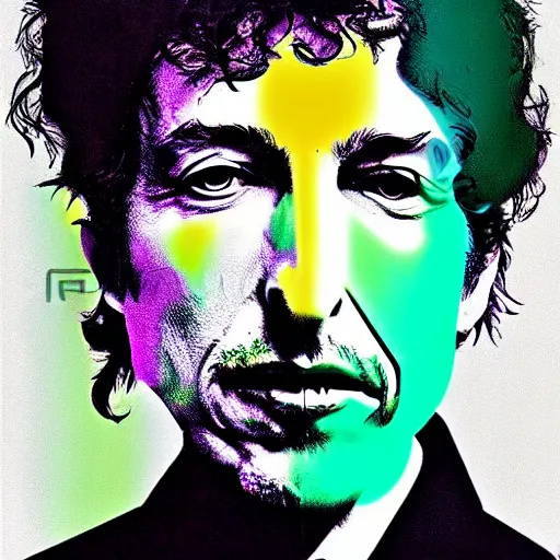 Image similar to psychedelic portrait bob dylan by paul rand