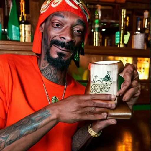 Image similar to snoop dogg at trader vic's bar holding a tiki mug with his face on it