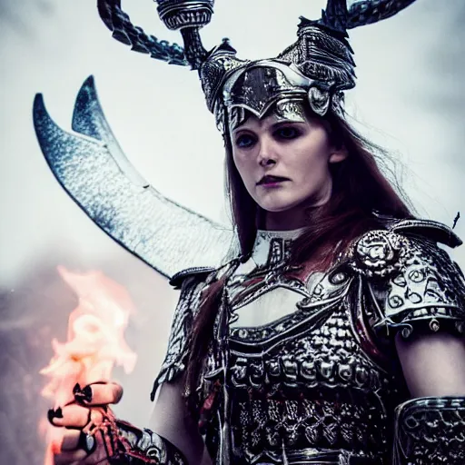 Prompt: scandinavian valkyrie with strong beautiful face in armour insanely ornamented with north decorations, incredible detailed, octane render, dark mysterious atmosphere with ice and fire on the background, annie leibovitz photoshoot.