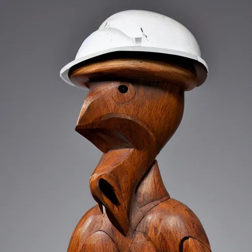 Image similar to wooden sculpture of a man wearing a hard hat holding a rooster, polished maple, thoughtful, elegant, real