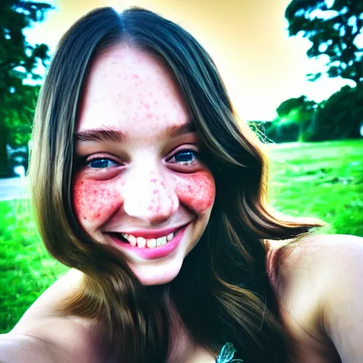 Image similar to beautiful hyperrealism selfie of a cute young woman smiling softly, long light bronze brown hair, cute freckles, flushed face, red blush, small heart - shaped face, soft features, emerald green eyes, golden hour, 8 k, sharp focus, instagram