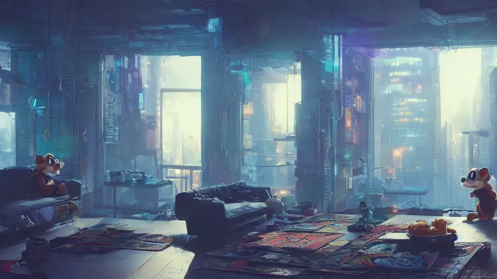 Image similar to Chip and Dale in the apartment room in a cyberpunk city, soft god rays from city lights outside the window, unreal engine 5, soft neon atmosphere, photorealistic, soothing colors, somber melancholic matte painting, hyperrealism, hyperrealistic, cinematic masterpiece, cyberpunk style 8k ultrahd octane render