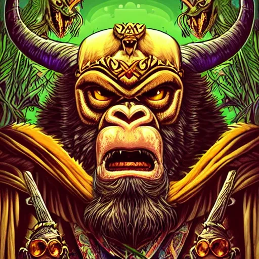 Image similar to barong family member, viking warrior, viking beard, king kong, wiwek, mara demon, one single tribe member, jungle, one single mask, dark, ancient warrior, tribal, inner glow, art by dan mumford and justin gerard