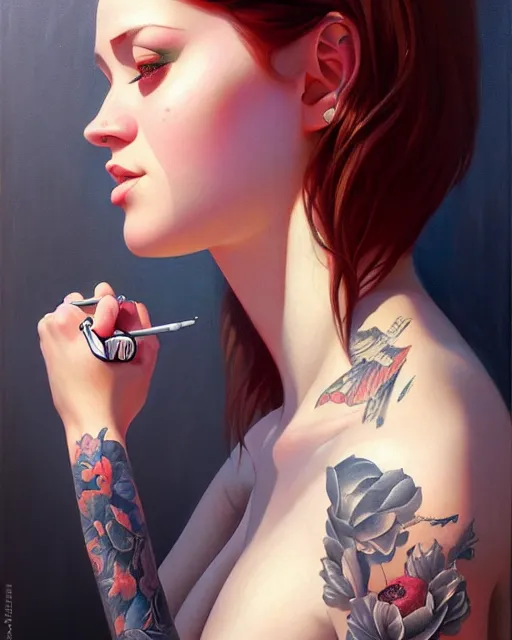 Image similar to stylized portrait of an artistic pose, composition, young tattooed suicide girl, realistic shaded, fine details, realistic shaded lighting poster by ilya kuvshinov, magali villeneuve, artgerm, jeremy lipkin and michael garmash and rob rey