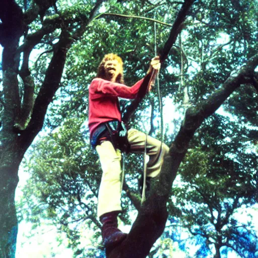 Prompt: steve hillage climbing a tree