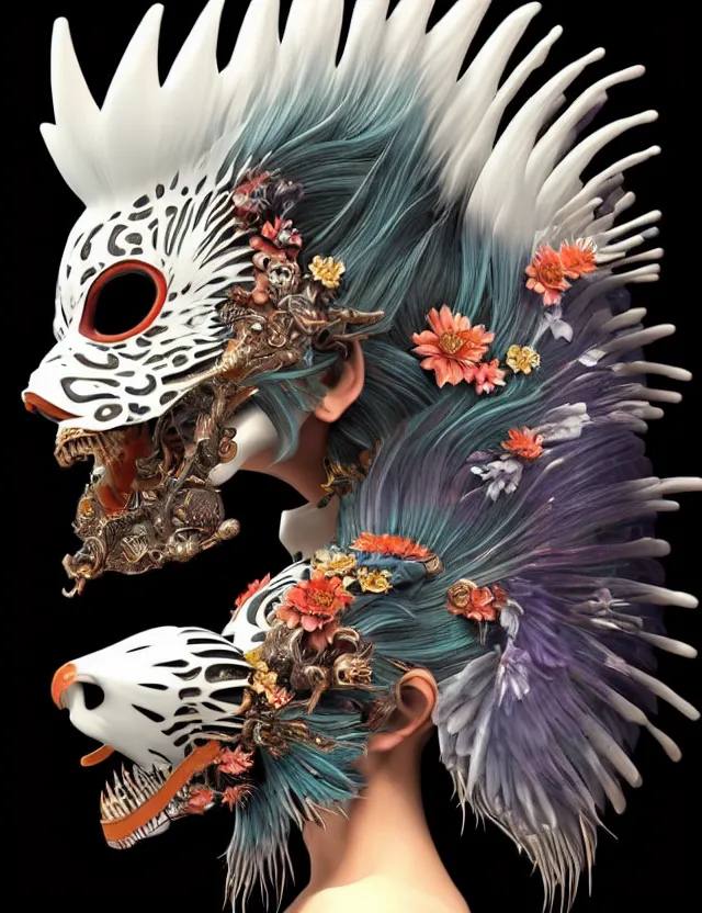 Image similar to 3 d goddess close - up profile simple portrait punk with mohawk with tiger skull. beautiful intricately detailed japanese crow kitsune mask and clasical japanese kimono. betta fish, jellyfish phoenix, bio luminescent, plasma, ice, water, wind, creature, artwork by tooth wu and wlop and beeple and greg rutkowski