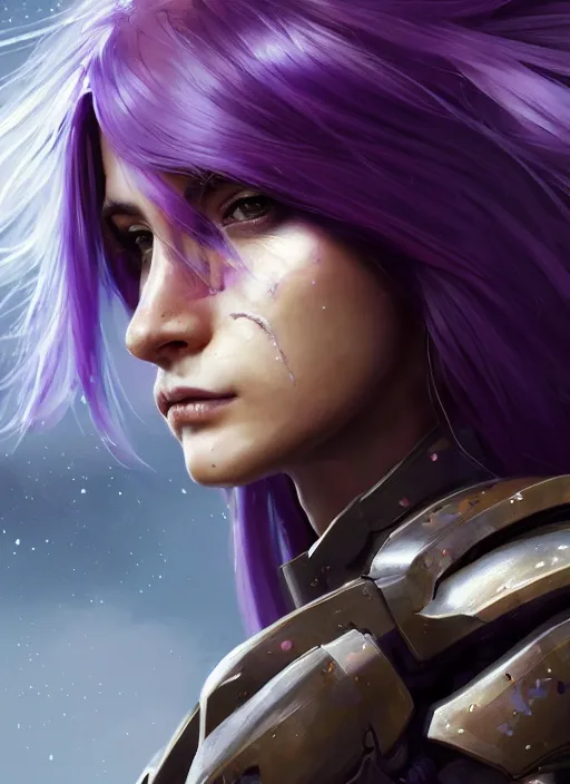 Prompt: close up painting, woman with brown eyes, sci - fi armor, purple flowing hair, beautiful, stoic face, gorgeous, face visible, scars, eyeliner, cinematic lighting, eva suit, wallpaper, extremely detailed, sharp focus, by greg rutkowski and [ [ [ wlop ] ] ], intricate, beautiful, award winning, trending on artstation, pixiv