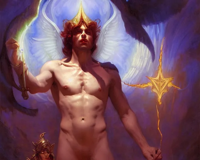 Image similar to attractive male deity, casting demonic magic, summoning handsome lucifer morning star. highly detailed painting by gaston bussiere, craig mullins, j. c. leyendecker 8 k