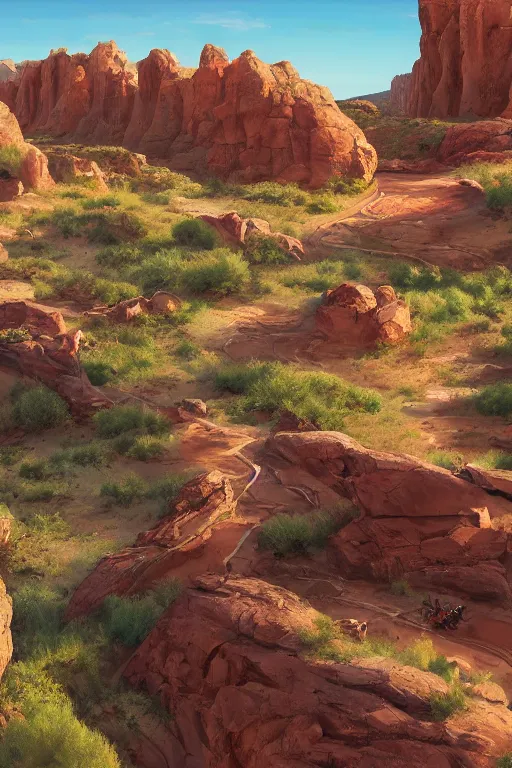 Image similar to beautiful utah desert, rock arcs, lush vegetation, landscape, alex ross, eddie mendoza, raphael lacoste, sebastian ludke, concept art, matte painting, highly detailed, rule of thirds, dynamic lighting, cinematic, detailed, magnificiant landscape, denoised, centerd