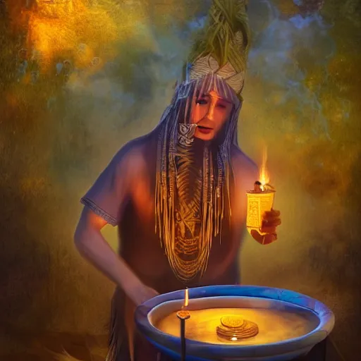 Prompt: a shaman preparing a magic decoction in a dreamy atmosphere, 4 k, 3 d, digital painting