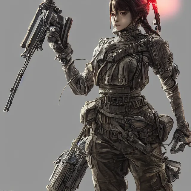 Image similar to the portrait of lawful neutral female futuristic infantry sniper as absurdly beautiful, gorgeous, elegant, young gravure idol, an ultrafine hyperdetailed illustration by kim jung gi, irakli nadar, intricate linework, bright colors, octopath traveler, final fantasy, unreal engine 5 highly rendered, global illumination, radiant light, detailed and intricate environment