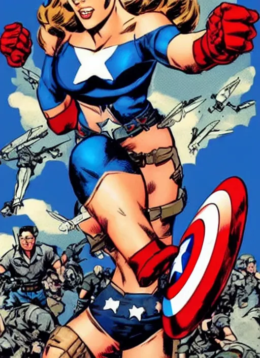 Image similar to gorgeous female captain america standing on a pile of defeated, beaten and broken ss soldiers. feminist captain america wins ww 2. american ww 2 propaganda poster by rob liefeld and pixar. gorgeous face. pin up. overwatch.