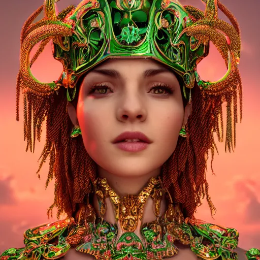 Prompt: photograph of wonderful princess with fair skin, green jewelry, breathtaking, ornate, intricate, hyper detailed, accent lighting, dramatic light, 4 k octane render