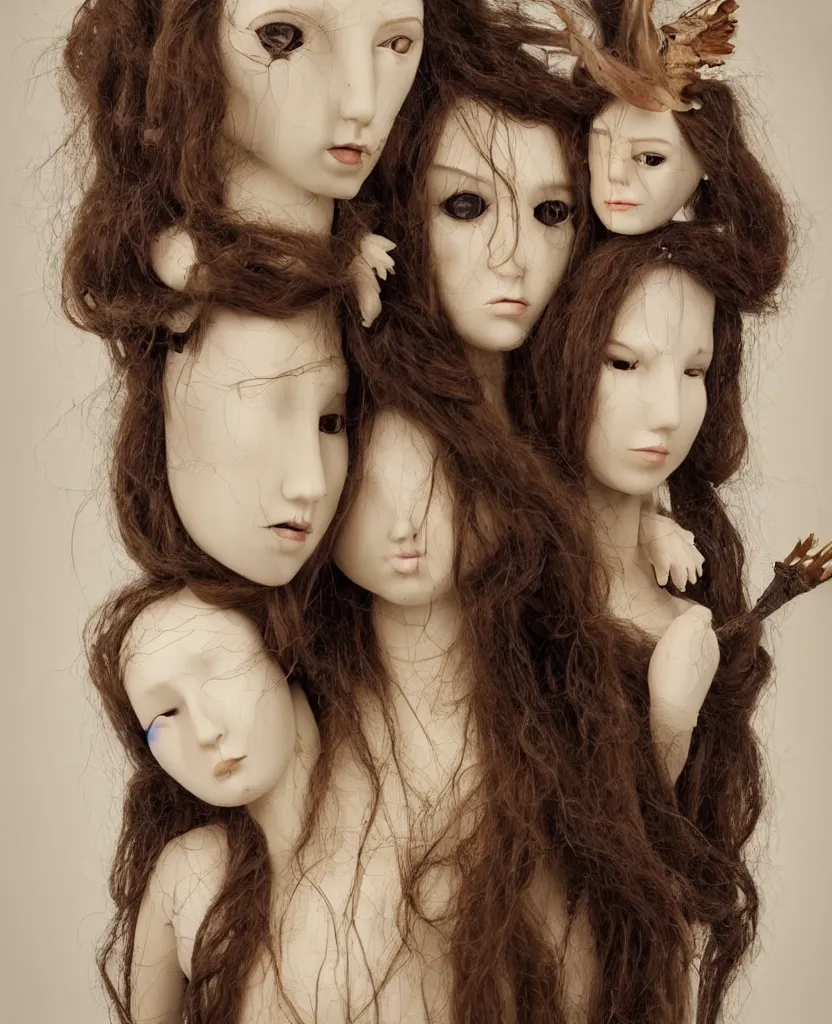 Prompt: head and shoulders portrait of a beautiful female mannequin, jointed wooden dolls with long flowing hair, holding each other, holding a large moth in her hands, beautifully disturbing, gothic, taxidermy, by Nina Masic by Flora Borsi