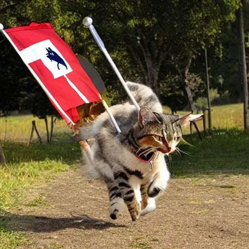 Image similar to a small warrior cat carrying his battle flag while riding a large cat steed that is galloping into battle