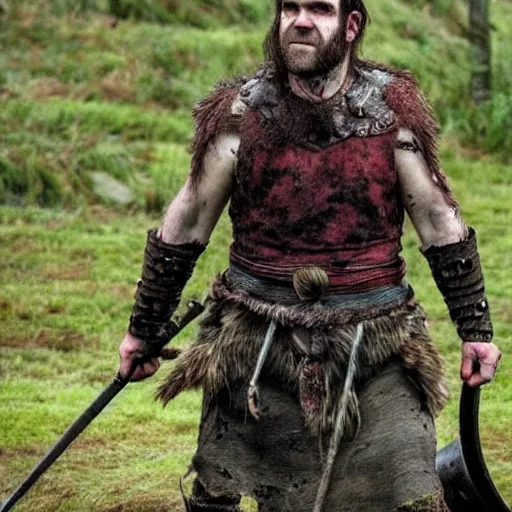 Prompt: Rory McCann as a scarred Viking warrior, photo
