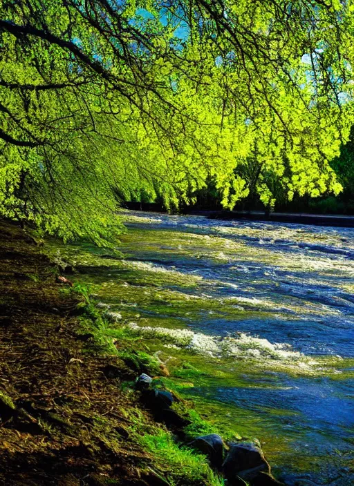 Prompt: beautiful spring season photography trees and river award winning cinematography