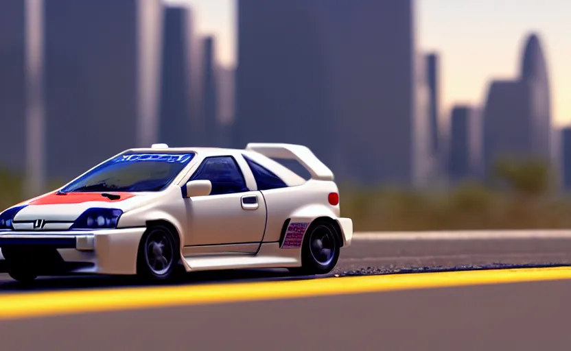 Prompt: photograph of a cell-shaded Honda EK9 Type-R, anime girl car wrap, speeding on a desert road with a futuristic city in the horizon, kicking up dirt, action shot, one point perspective, 1-point perspective, tilt shift, sigma 85mm f/1.4, 4k, depth of field, high resolution, 4k, 8k, hd, full color